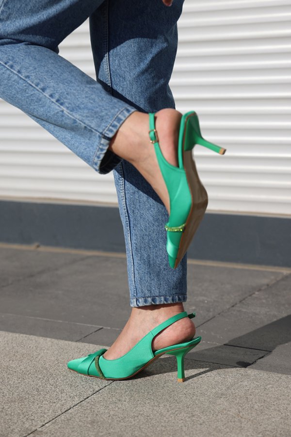 Saten Taşlı Topuklu Ayakkabı