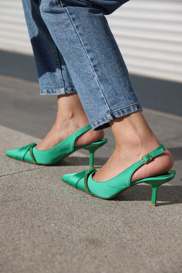 Saten Taşlı Topuklu Ayakkabı