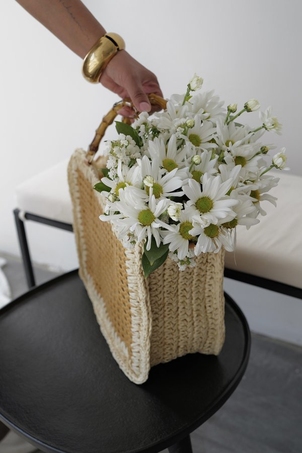 Ahşap Askılı Hasır Çanta