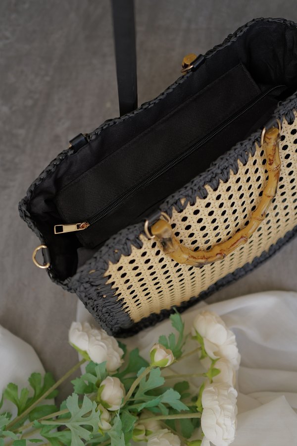 Ahşap Askılı Hasır Çanta